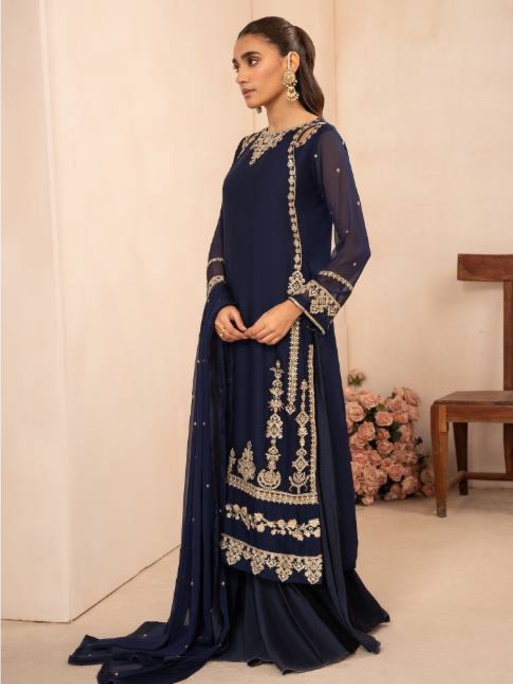 Embroidered Navy Long-Sleeve Women's Formal Dress